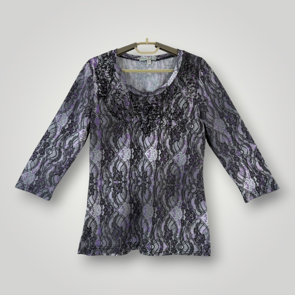 Vintage Suzie Y2K Purple Grey Lace Print Top 3/4 Sleeve Size L